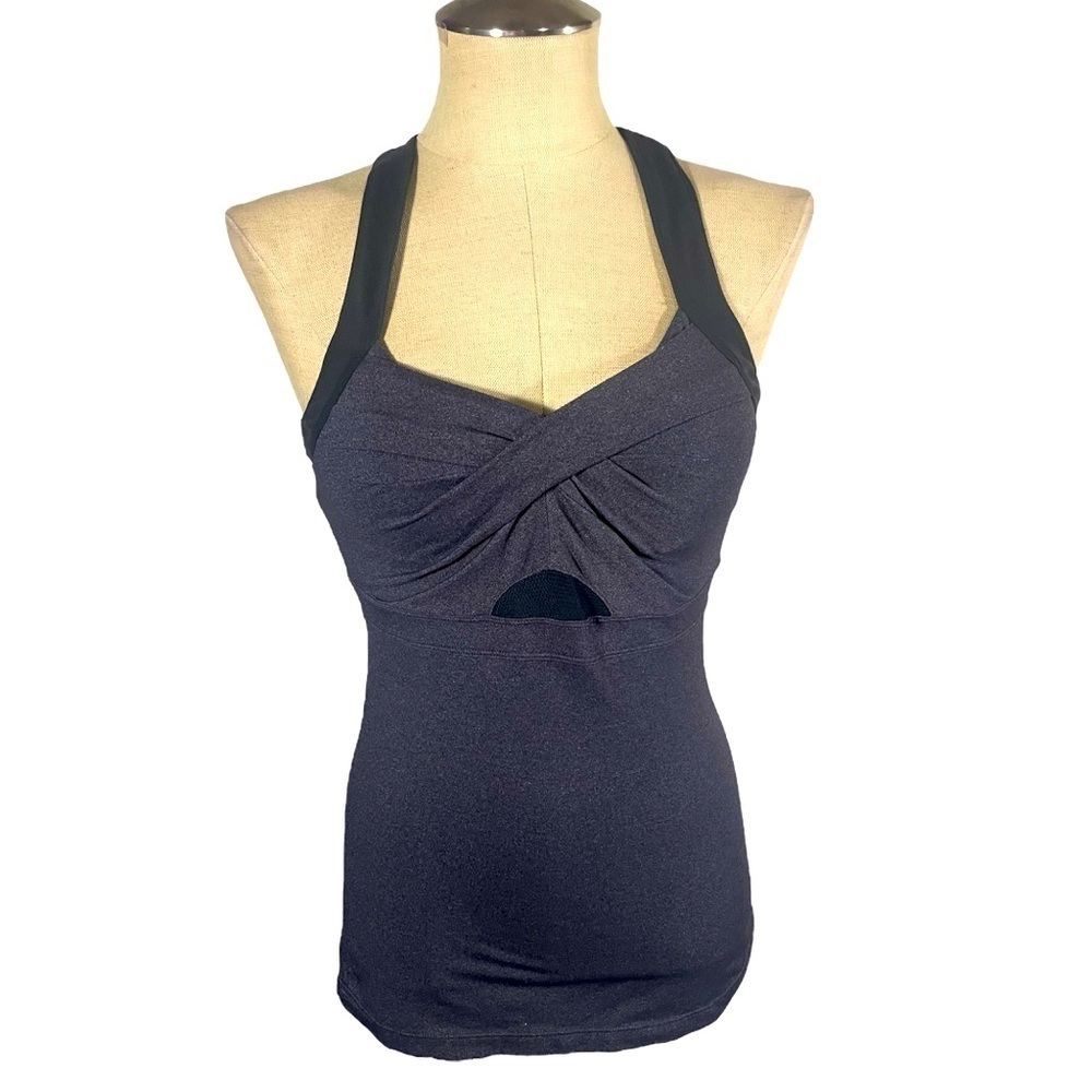 Athleta Jaya Tank Top Twist Front Built in Shelf Bra Black Gray Size Small